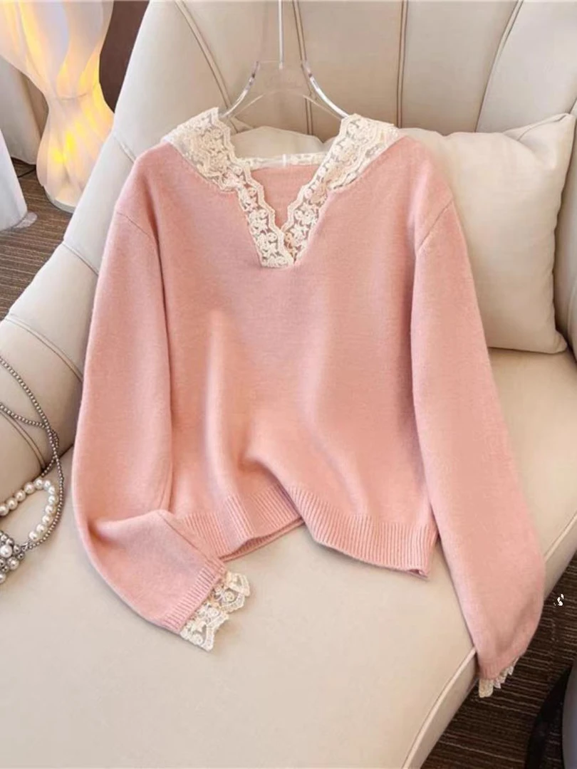 法式复古蕾丝连帽正肩毛衣女秋冬新款超好看假两件针织衫上衣