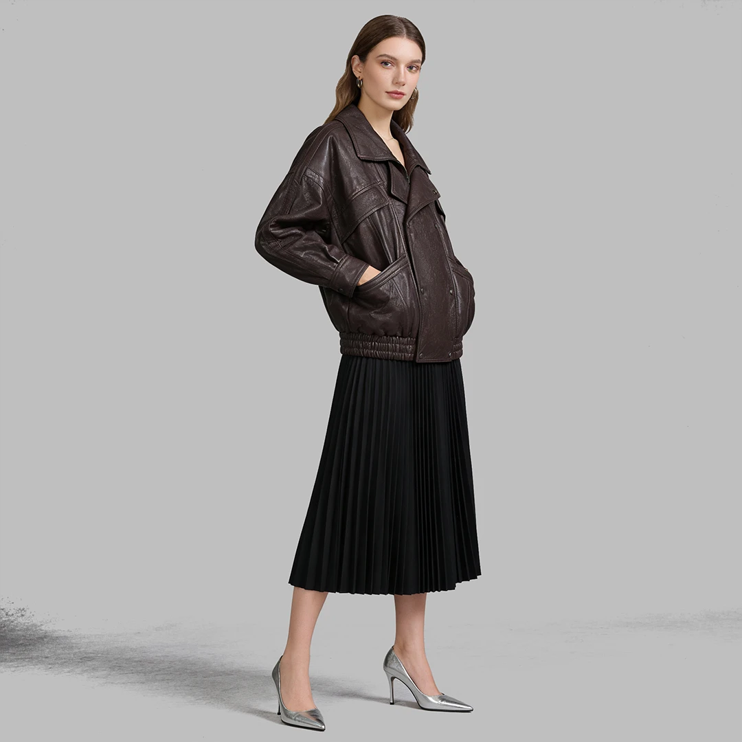 2025冬秀款真皮皮衣女宽松短款新西兰自然泡纹机车休闲慵懒风外套