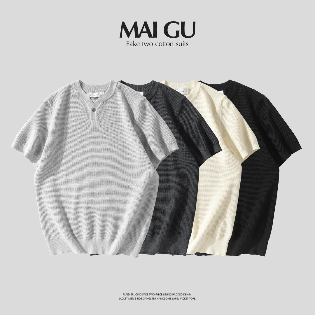 【MAIGU】男士夏季高定原创透气亲肤百搭日常亨利领纽扣短袖上衣