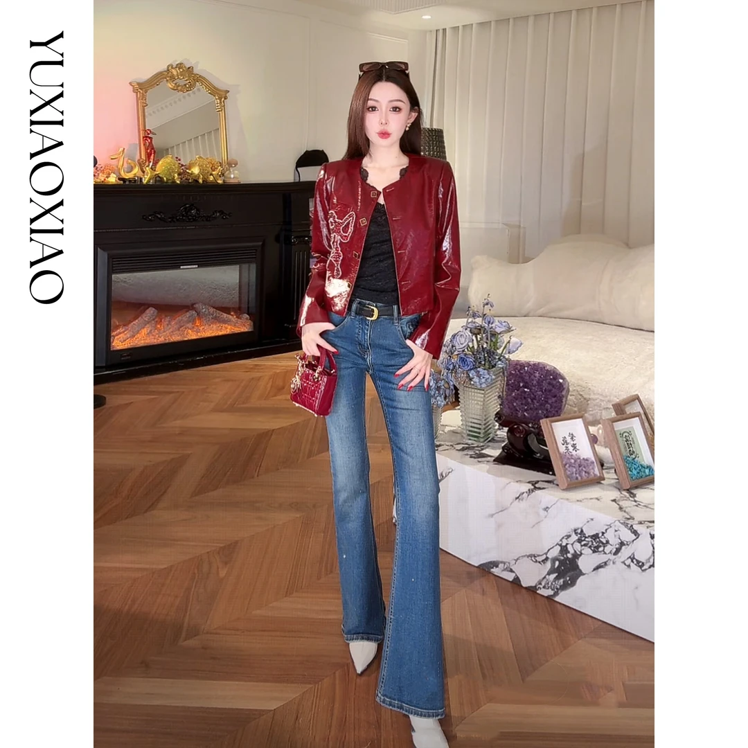 余潇潇【复古回忆】透气显瘦玫瑰花刺绣高品质牛仔棉微喇裤配腰带