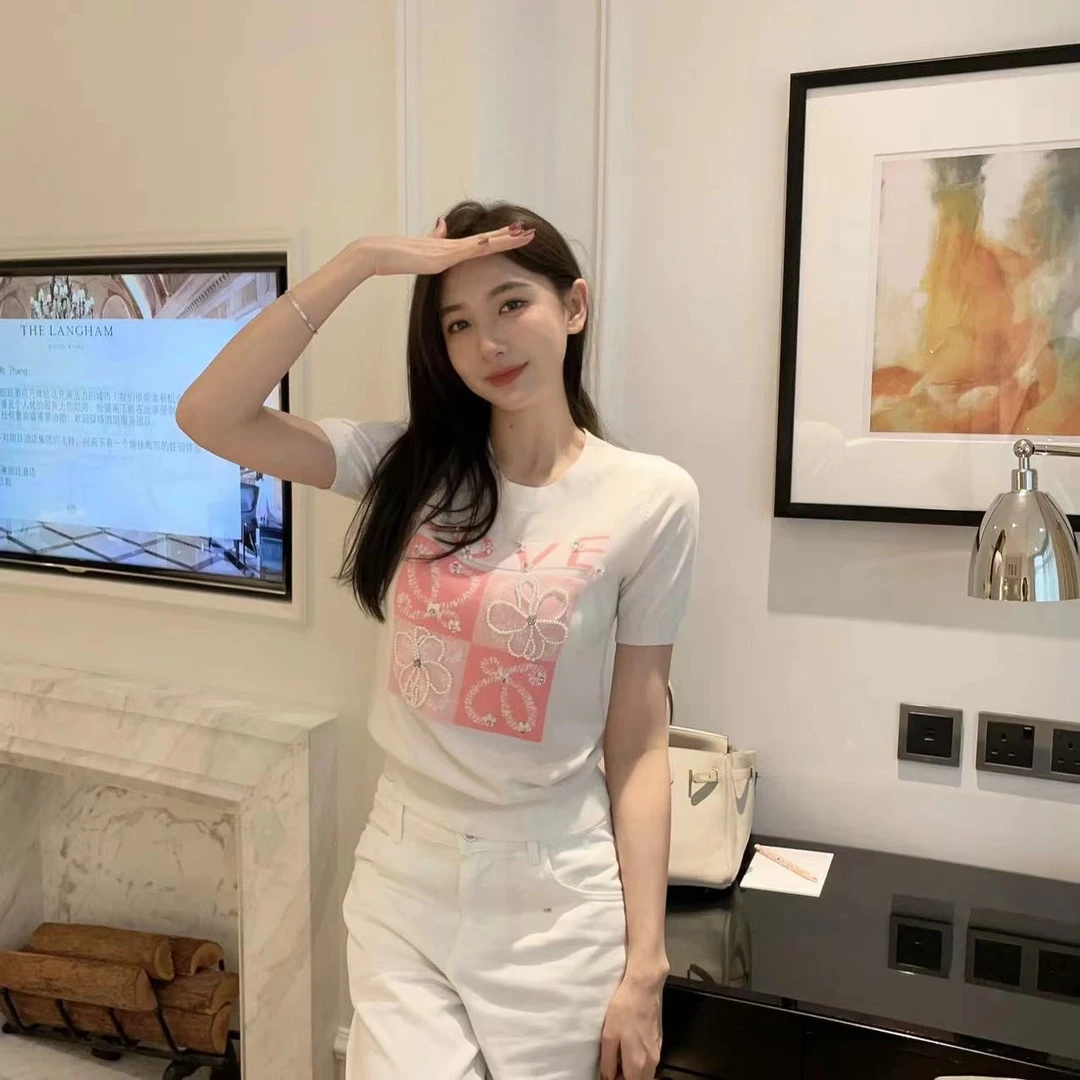 【KANADI】夏季轻奢钉珠花朵修身牛仔短款短袖K0365