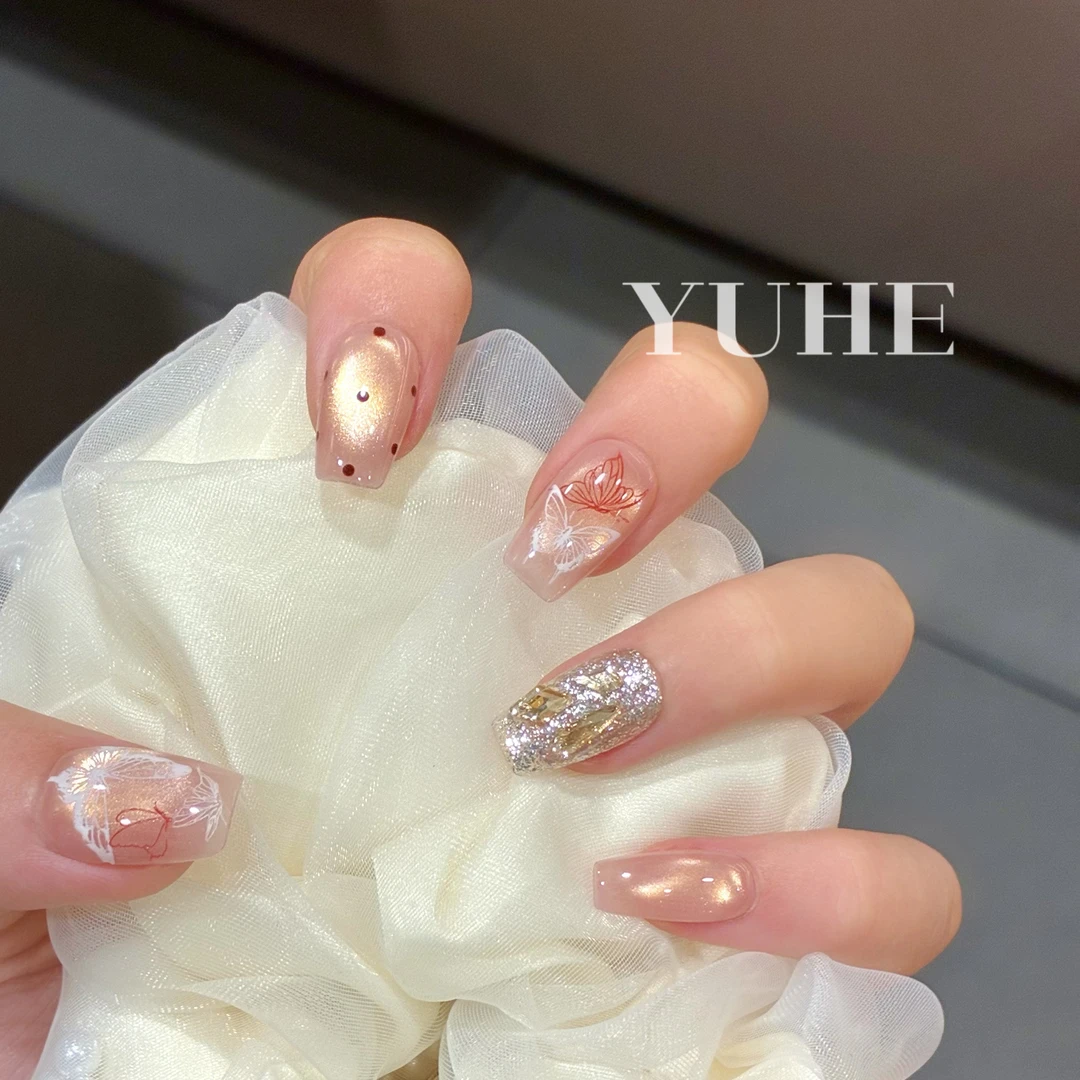 （垂丝海棠）手绘蝴蝶轻奢香槟金猫眼气质手工穿戴甲可拆卸甲片