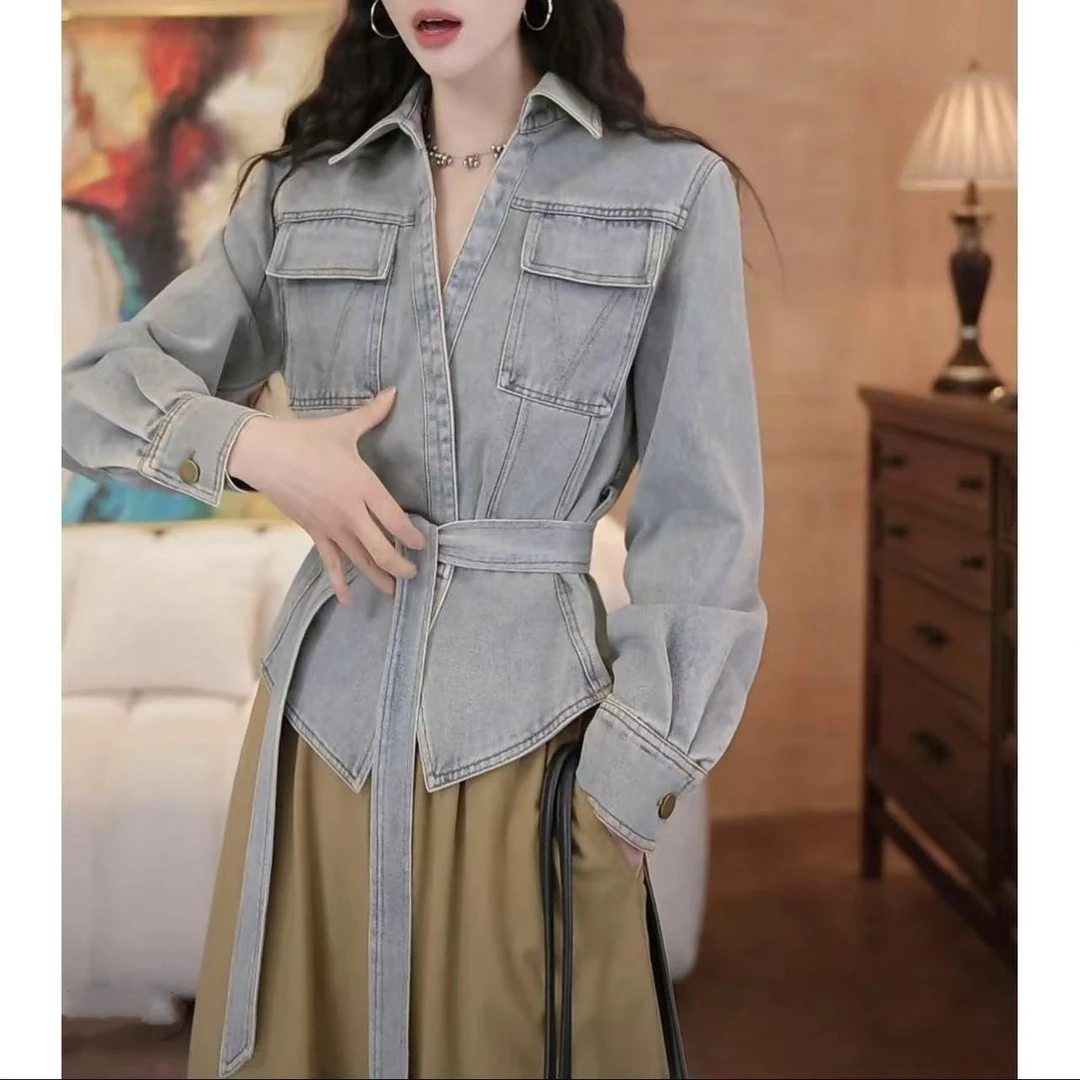 休闲女装新款时尚复古洗水工艺腰带女式牛仔外套上衣气质显瘦洋气