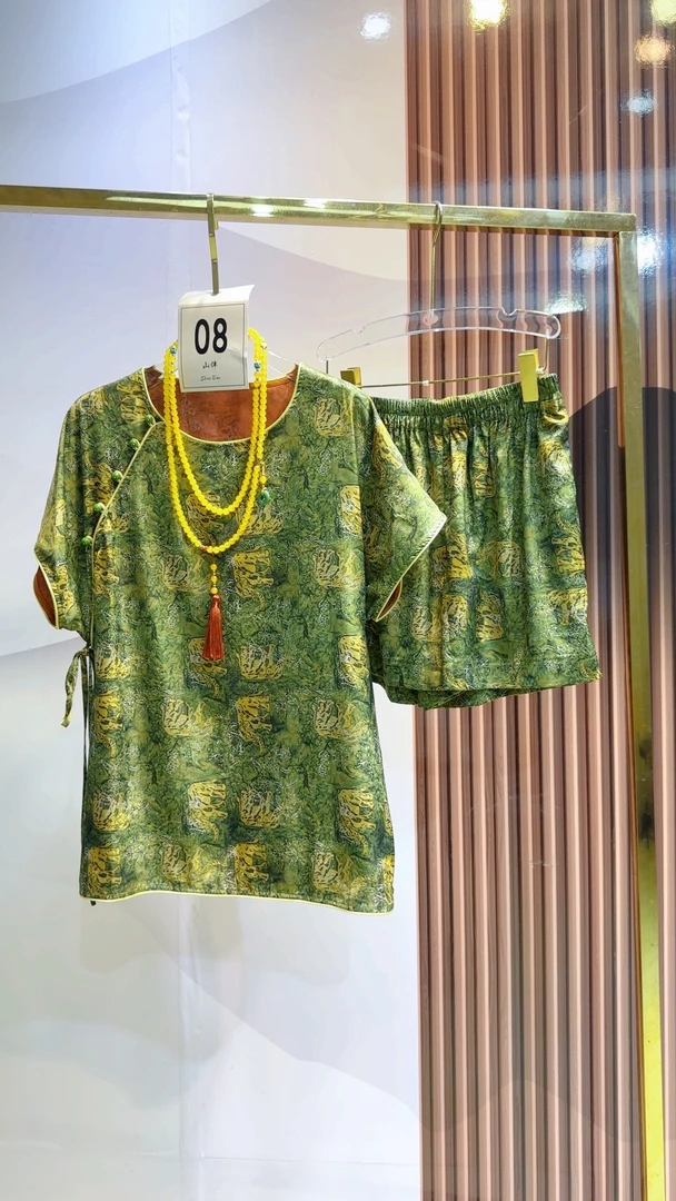 【万象绿林】新中式国风时尚重工提花套装黄绿衬衫上衣+短裤