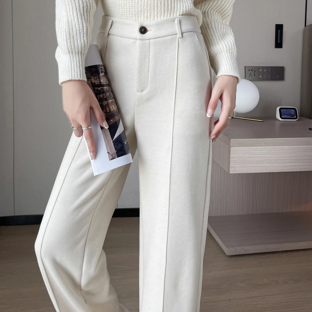 女裤爆款春冬季通勤女款秋冬裤子宽松直筒裤高腰绵羊毛阔腿休闲裤