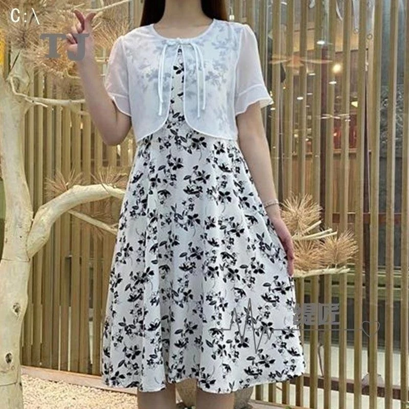 夏季气质印花假两件时尚连衣裙夏装碎花法式韩版中长款收腰显瘦