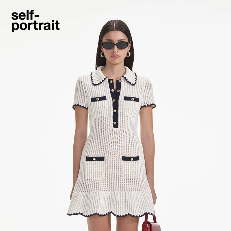 self-portrait 早秋白撞色通勤短袖针织连衣裙短裙高级感