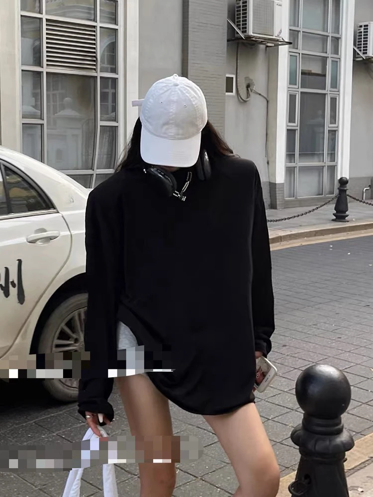 韩版宽松百搭套头圆领垫肩长袖防晒T恤上衣