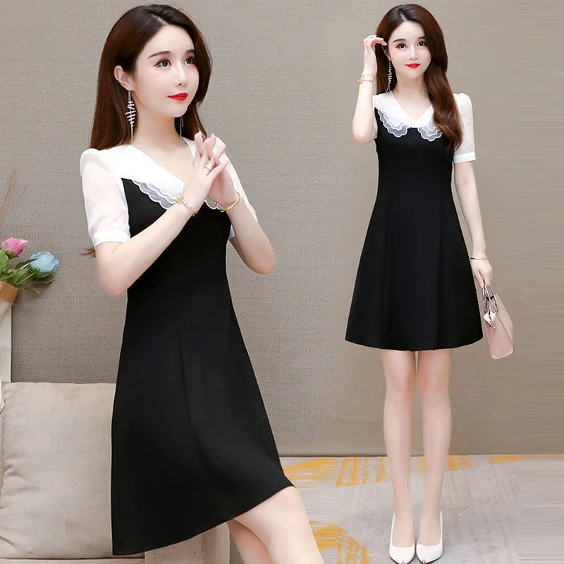 【现货＋运补】2025夏小黑裙小个子短袖连衣裙假两件娃娃领显瘦A字裙
