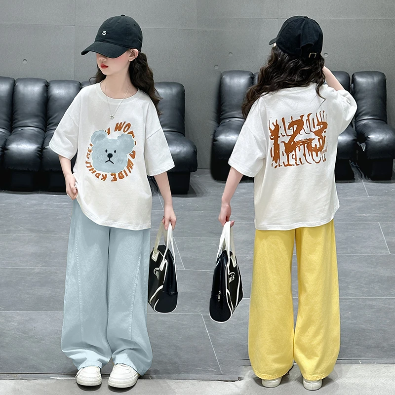 女童夏季套装2025新款中大童3-15岁休闲时尚印花T恤两件套潮韩版