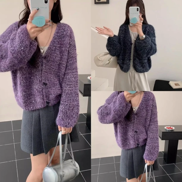 （浠儿家）秋冬新款亮片毛衣外套女韩版慵懒宽松软糯穿搭针织开衫