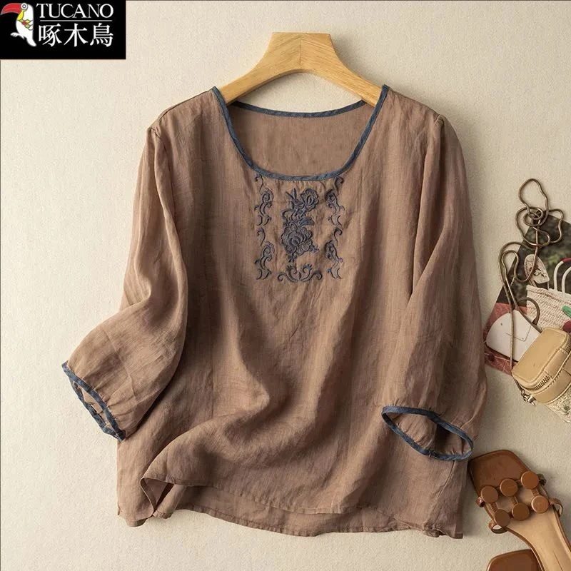 啄木鸟正品2025年新款圆领刺绣百搭上衣夏季七分袖大码显瘦T恤女