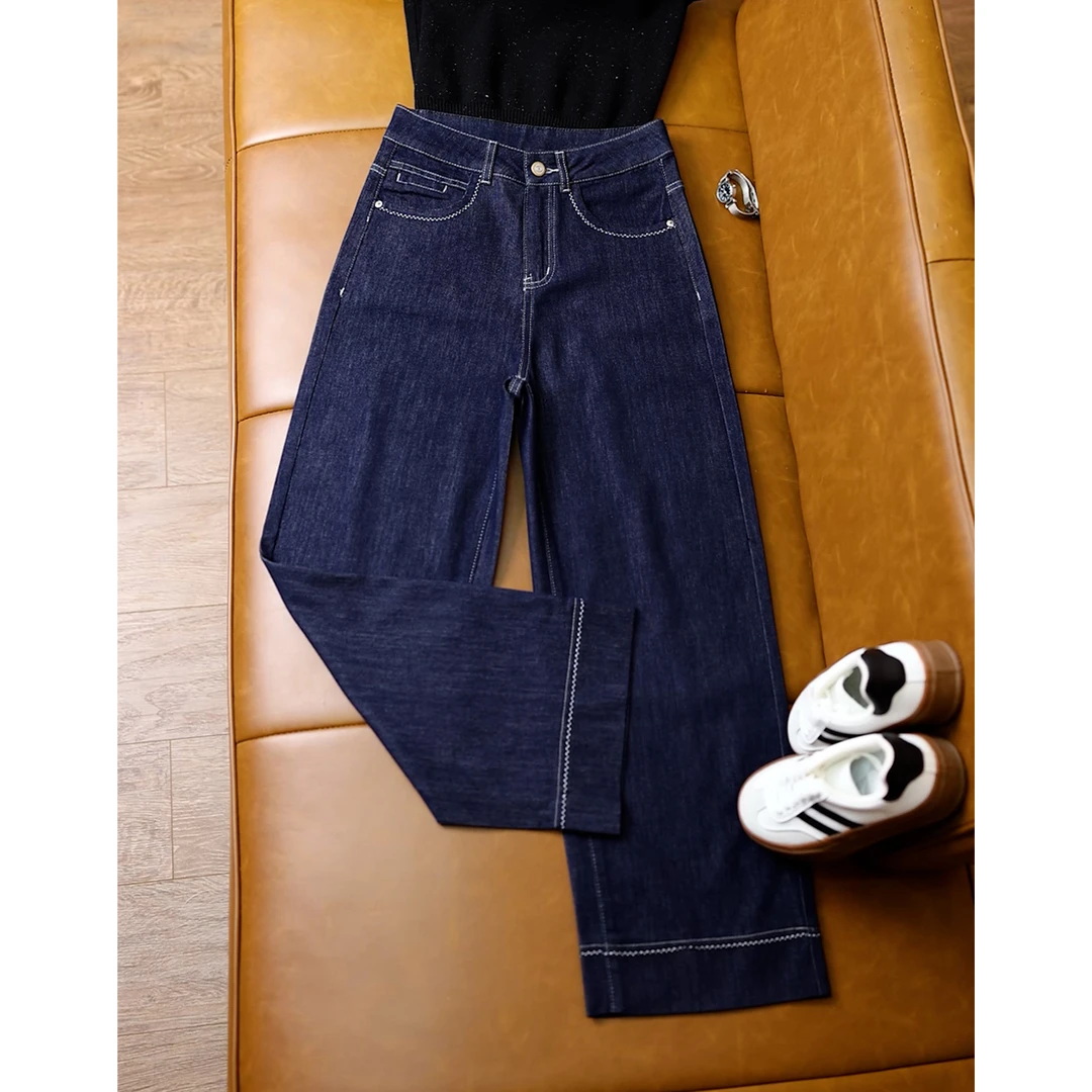 丹宁蓝阔腿牛仔裤女2025夏季新款高腰九分宽松垂感直筒裤子2620