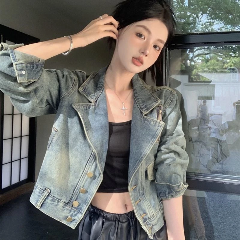 美式宽松短款牛仔外套2025春季新款复古休闲设计水洗上衣机车夹克