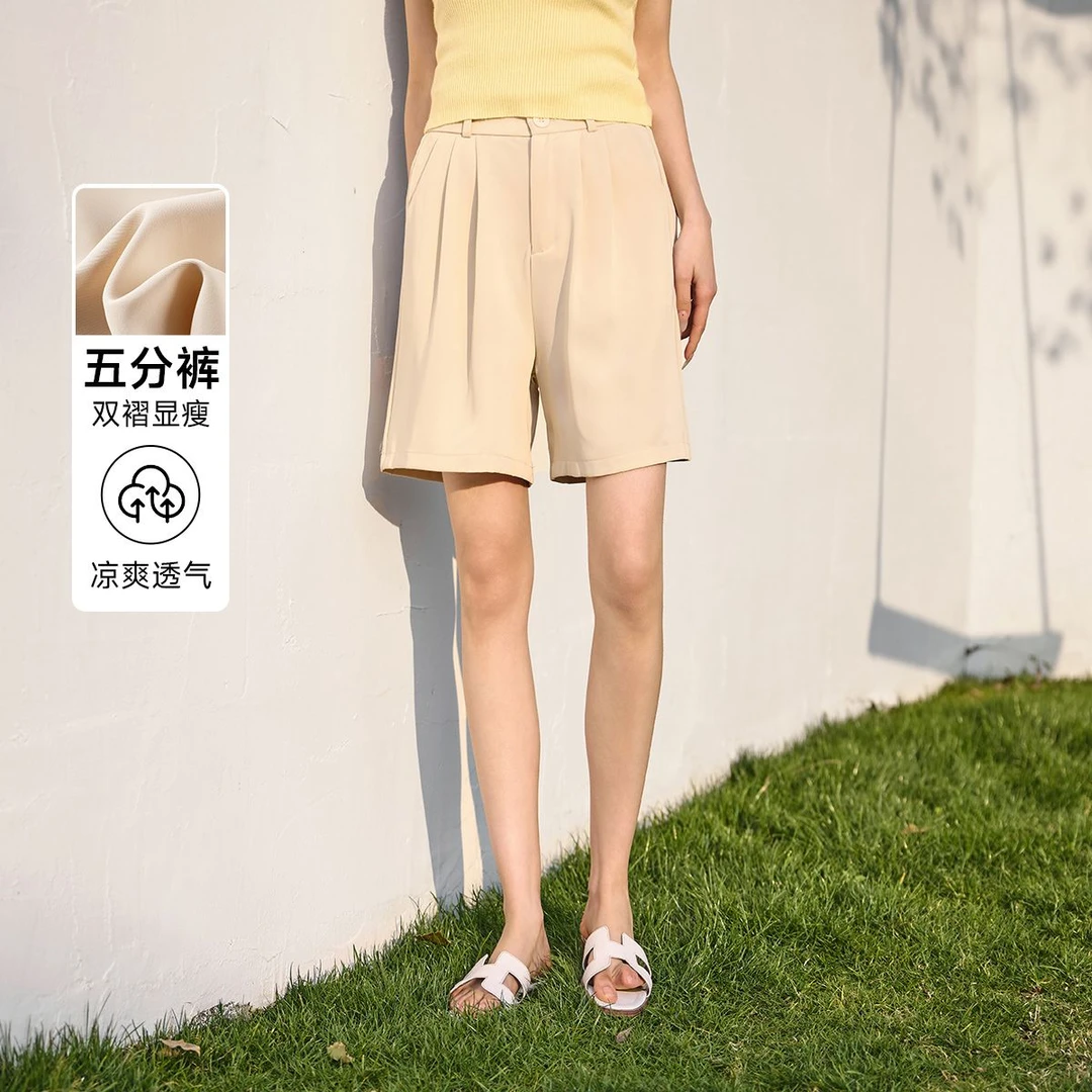 茵曼25年夏季女装双褶显瘦五分短裤女宽松舒适透气阔腿休闲裤子女