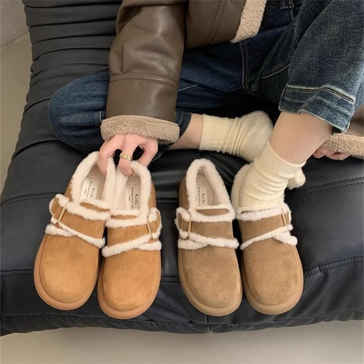 厚底勃肯鞋女2025新款秋冬季加绒平底豆豆女鞋美拉德博肯毛毛棉鞋