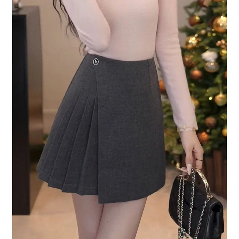 YUANLIANSU/圆脸酥【玄羽飞燕】法式设计感百搭小众压褶半身裙女