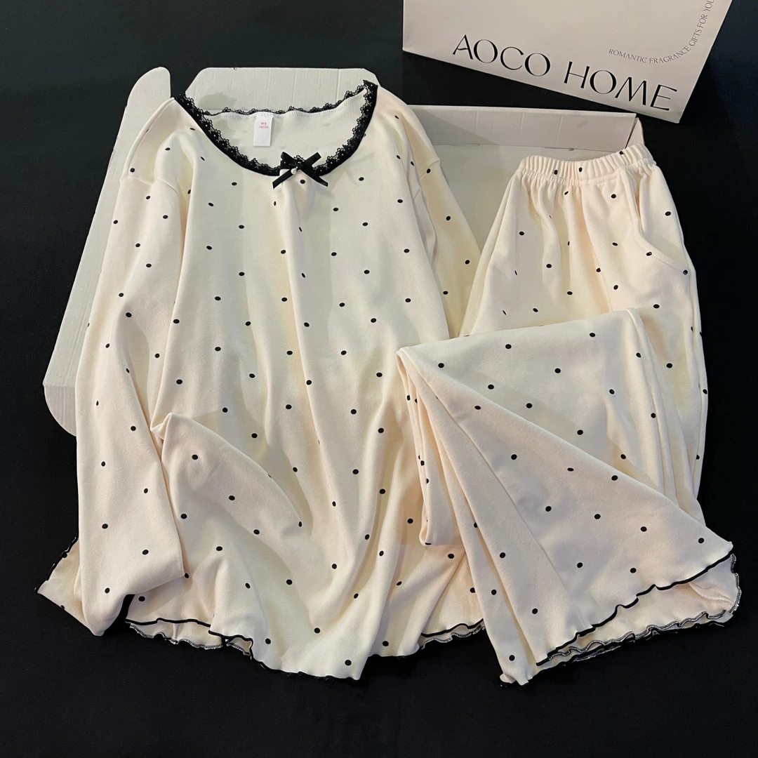 2025新款睡衣女春秋冬季长袖大码德绒加厚保暖杏色圆点套装家居服