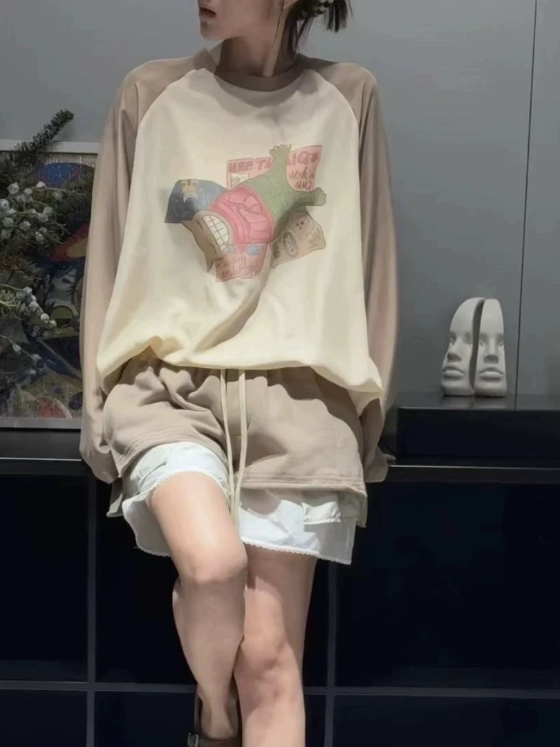 设计师款2025春新款小怪兽印花宽松插肩袖拼色长袖圆领T恤上衣女