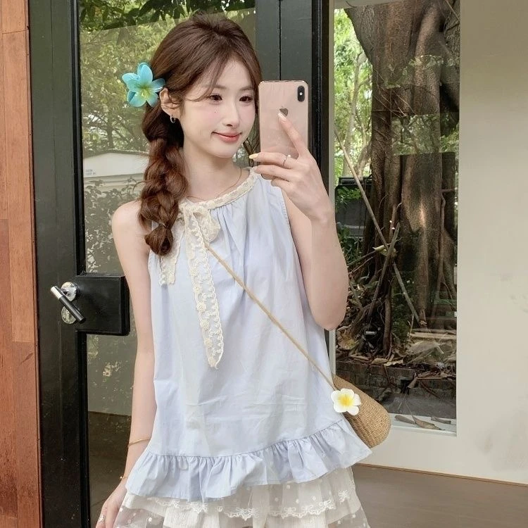 法式蕾丝无袖蝴蝶结通勤时尚棉衬衫夏季荷叶边显瘦小清新甜美薄款