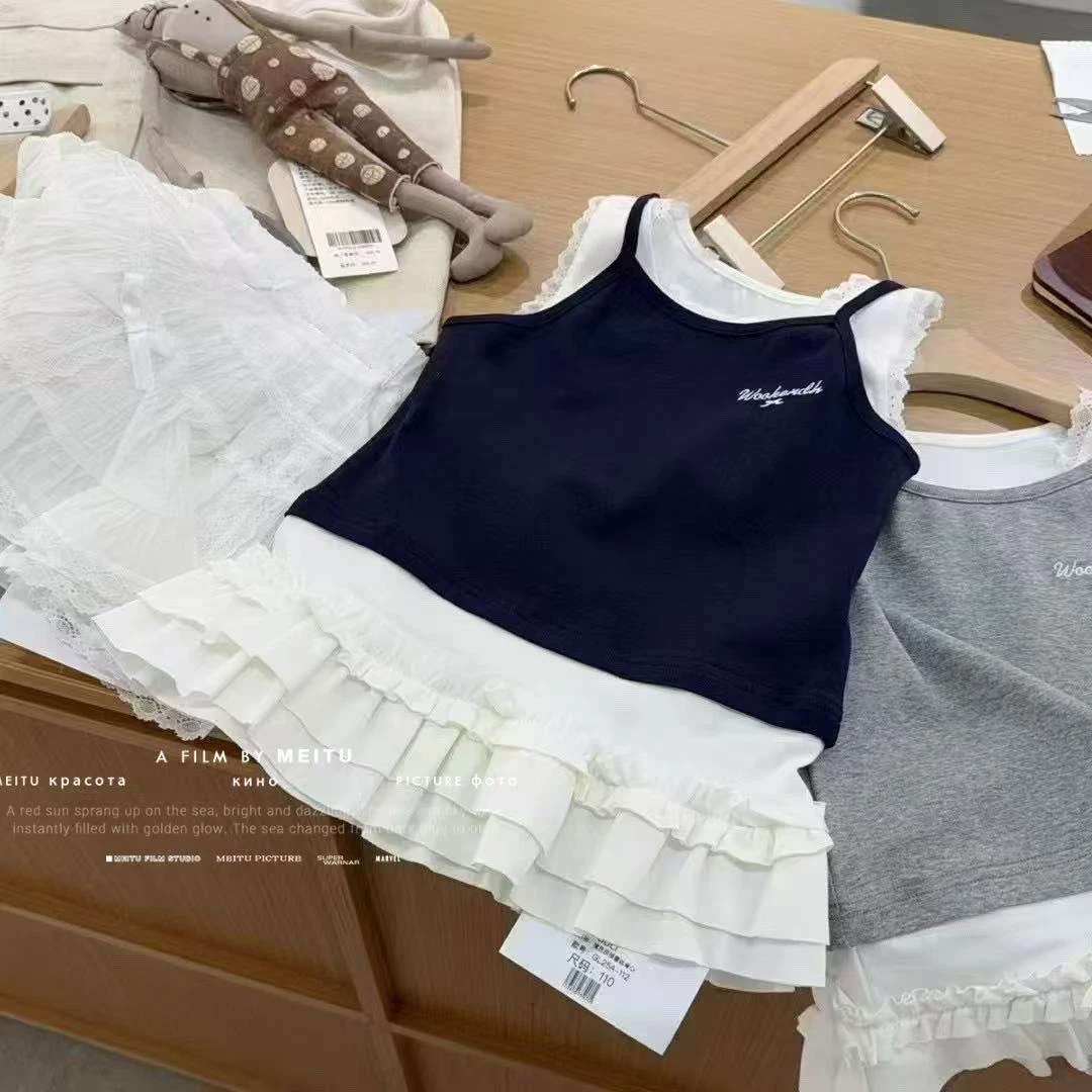 R1161儿童撞色拼接蕾丝背心