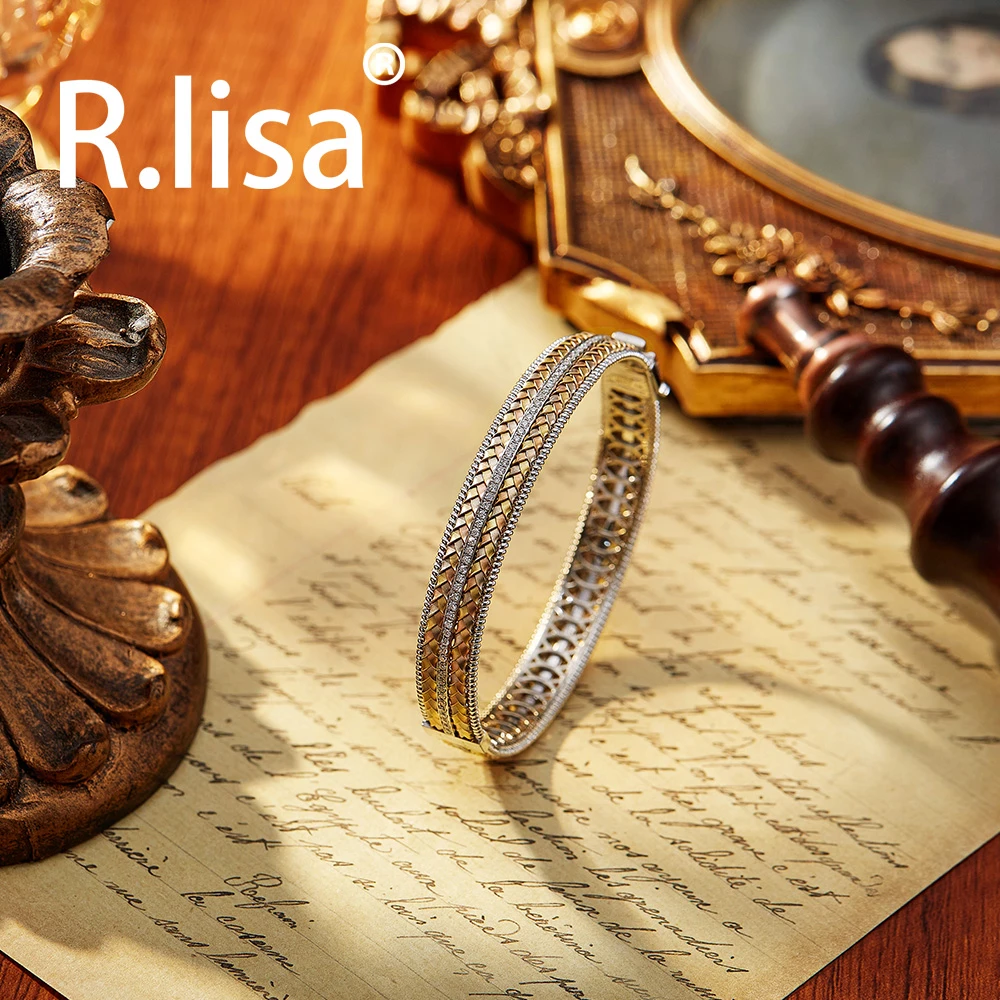 18K白单排钻石宽版三色编织手镯意大利工艺百搭气质时尚欧美复古