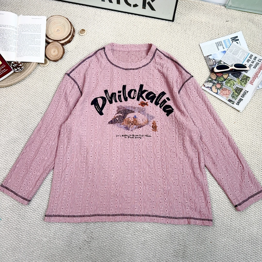 2025春季新款卡通字母印花蕾丝网纱打底长袖T恤卫衣0740