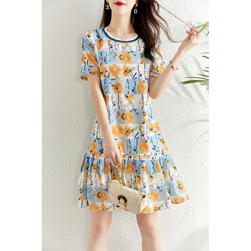 印花雪纺连衣裙女夏季2025新款宽松显瘦时尚减龄小清新a字碎花裙