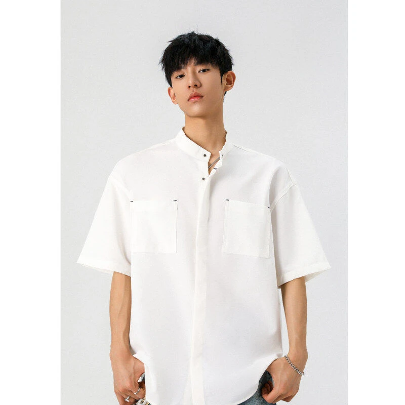 日系纯色潮流衬衫男女夏季新款百搭短袖简约宽松短袖上衣外套