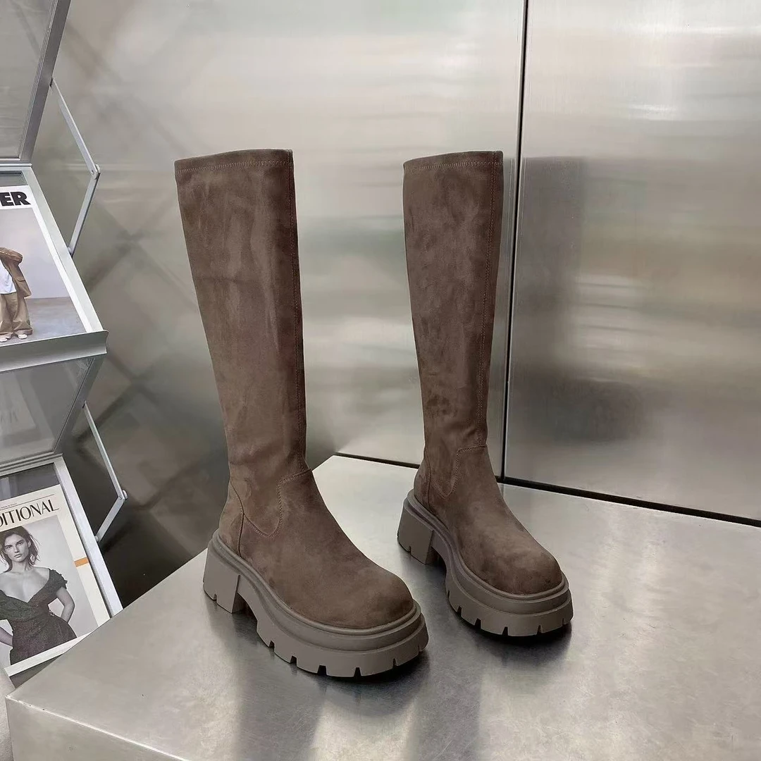 秋冬新款小个子增高平口纯色一脚蹬厚底显瘦时尚百搭长筒靴5936c