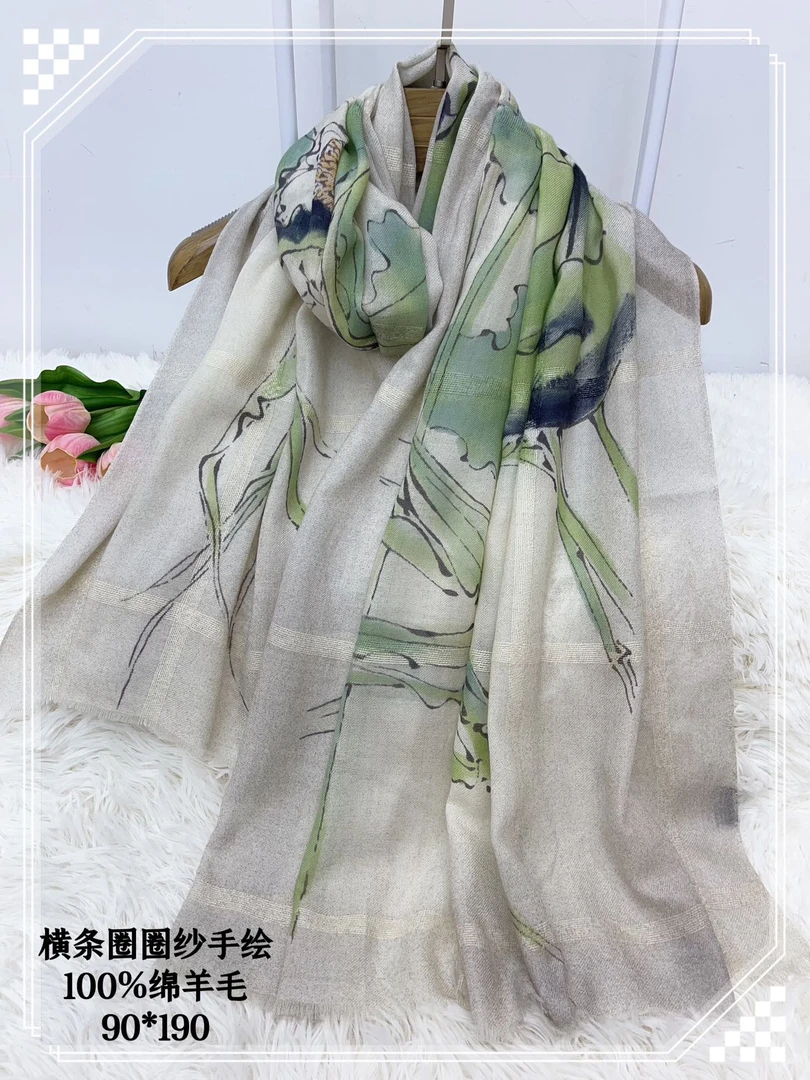 【墨荷】96*200手绘图案羊毛围巾女披肩春秋季保暖时尚百搭气质围脖