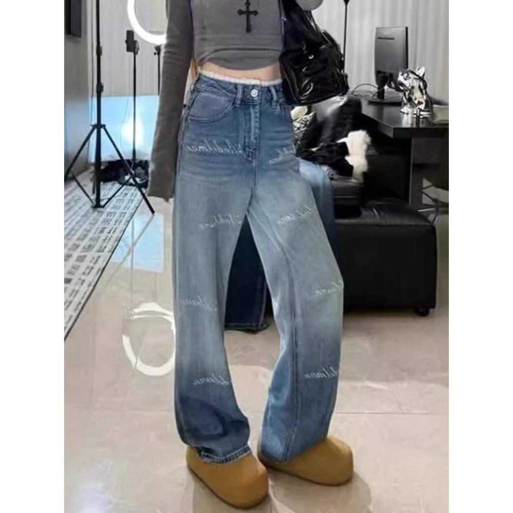 渐变色腰部拼接直筒牛仔裤女2025春季新款高腰宽松显瘦拖地阔腿裤