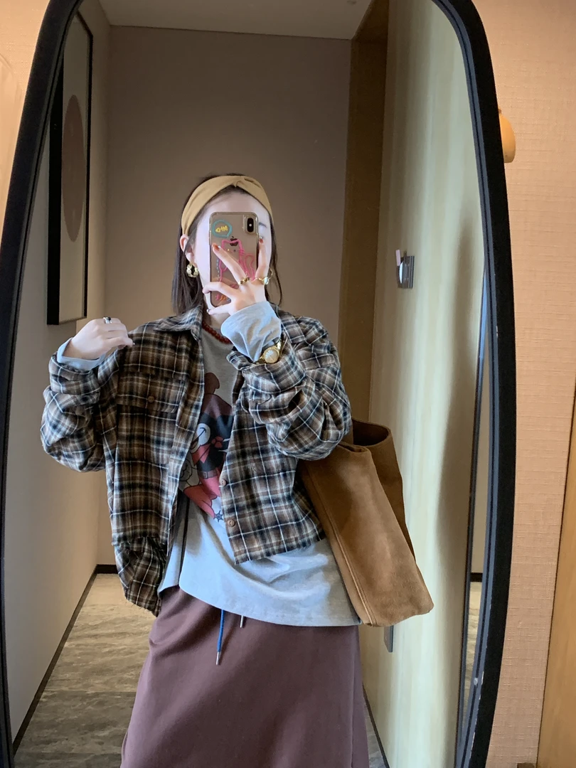 网格复古美式时尚衬衫韩版宽松格子上衣格纹休闲韩系前短后长衬衣