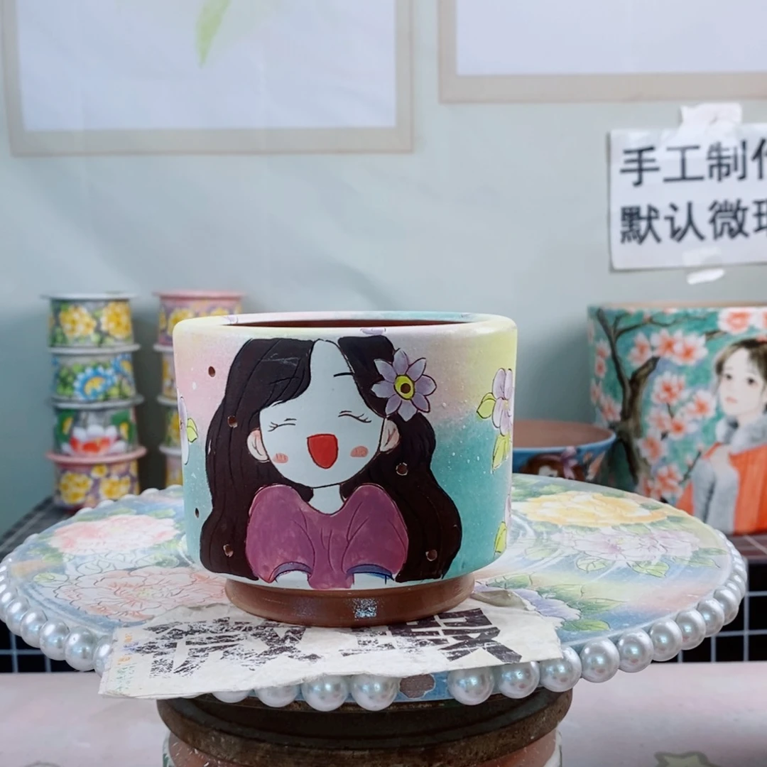 紫砂花盆红陶手绘花盆