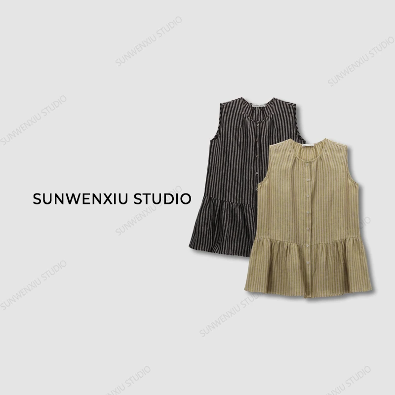 swx studio3店 “松弛条纹”100%亚麻色织无袖坎肩条纹衬衣