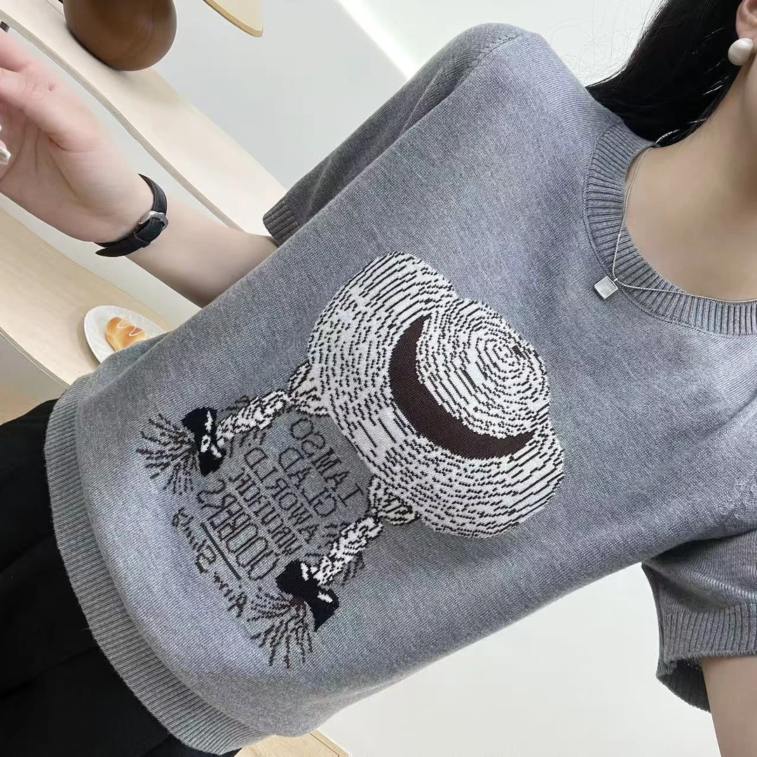 草帽提花圆领短袖针织衫女薄款春夏装新款时尚洋气宽松打底衫上衣