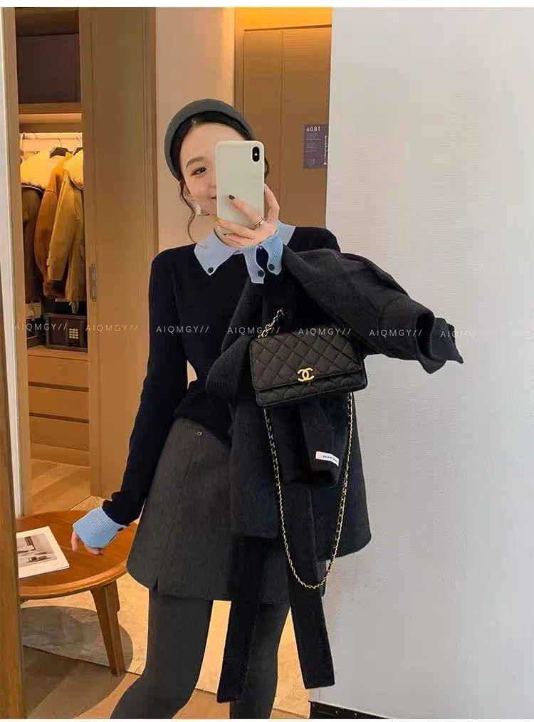 那简家【现货】928冬季韩版设计感拼色翻领套头上衣女