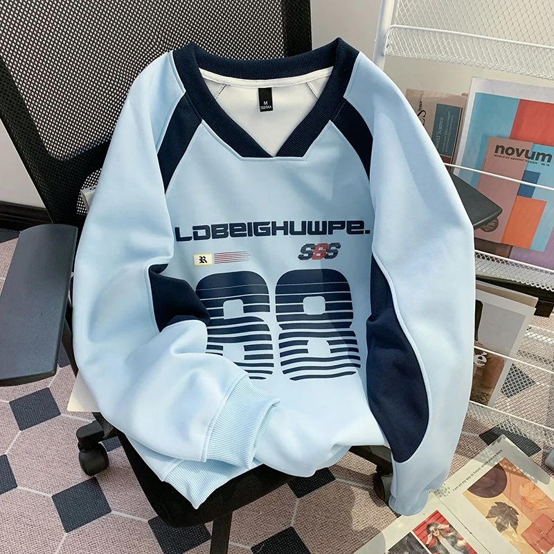 美式复古潮牌V领卫衣女春秋薄款宽松慵懒风无帽运动风设计感上衣