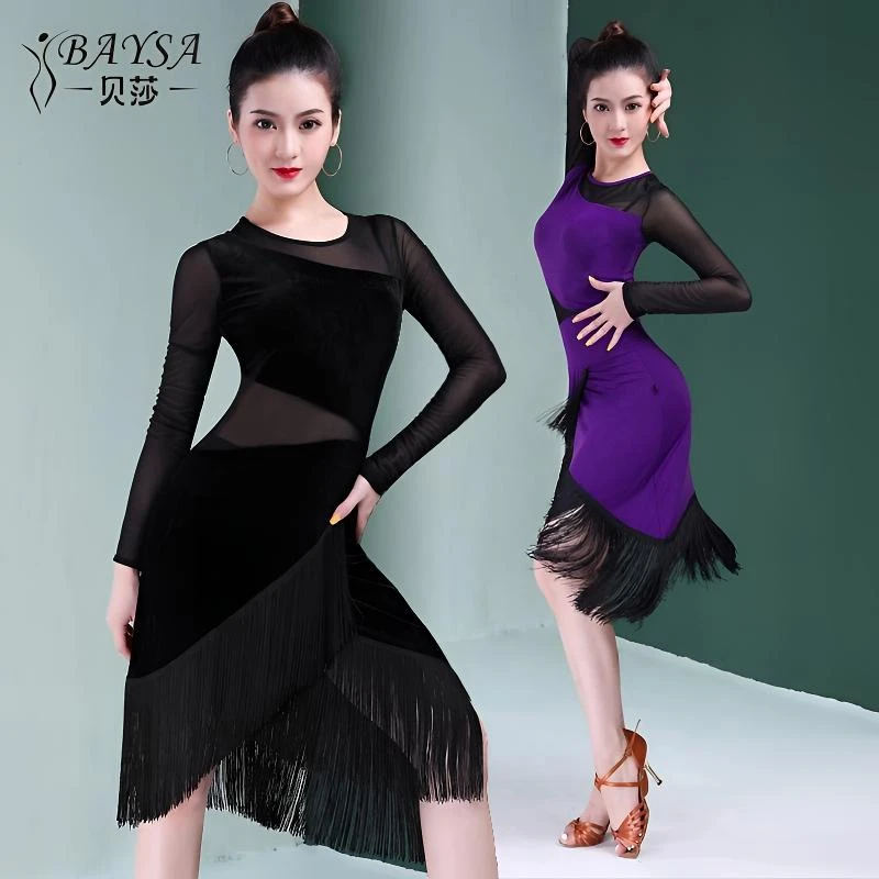 拉丁舞表演出服比赛训练功女成年性感流苏连衣裙长袖Y19-341修身