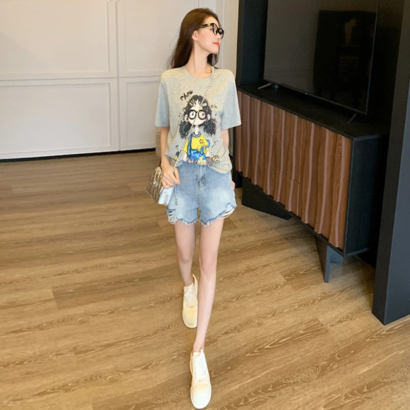 女夏季新款韩版运动休闲套装卡通印花圆领短袖宽松牛仔短裤两件套