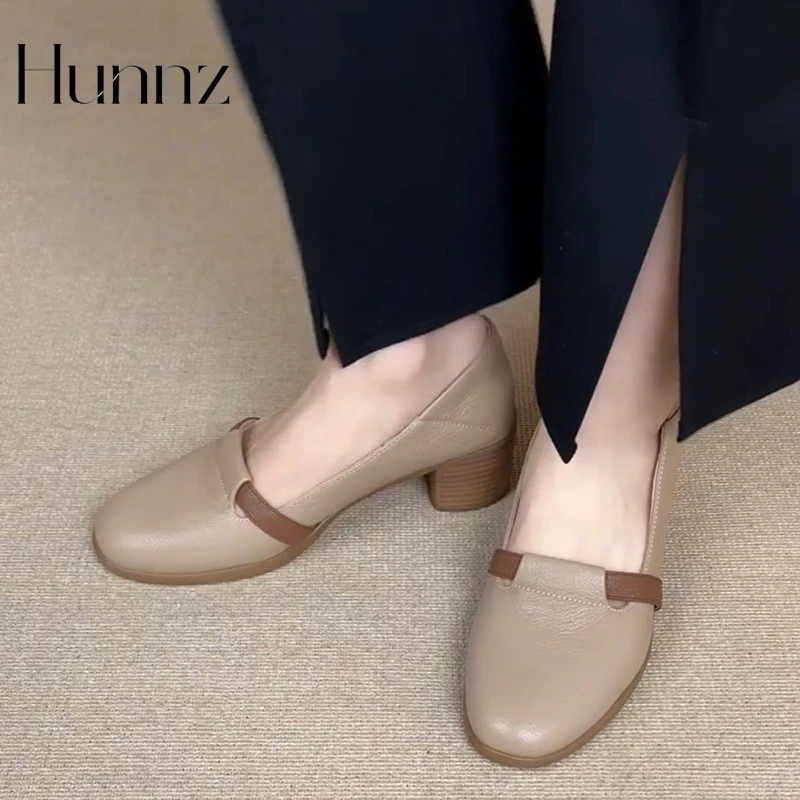 hunnz羊皮法式复古软底粗跟高跟鞋女气质真皮不累脚一脚蹬单鞋