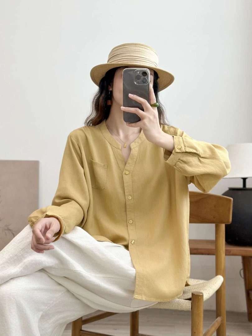 天丝汉麻秋装新款减龄显瘦V领超百搭衬衫