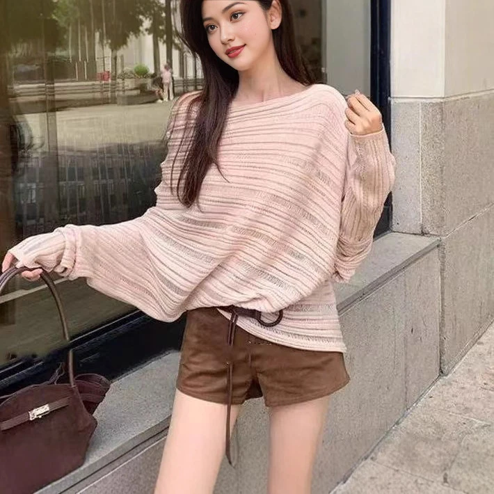 2025打底露肩长袖针织衫女秋季宽松蝙蝠袖毛衣罩衫气质慵懒风上衣