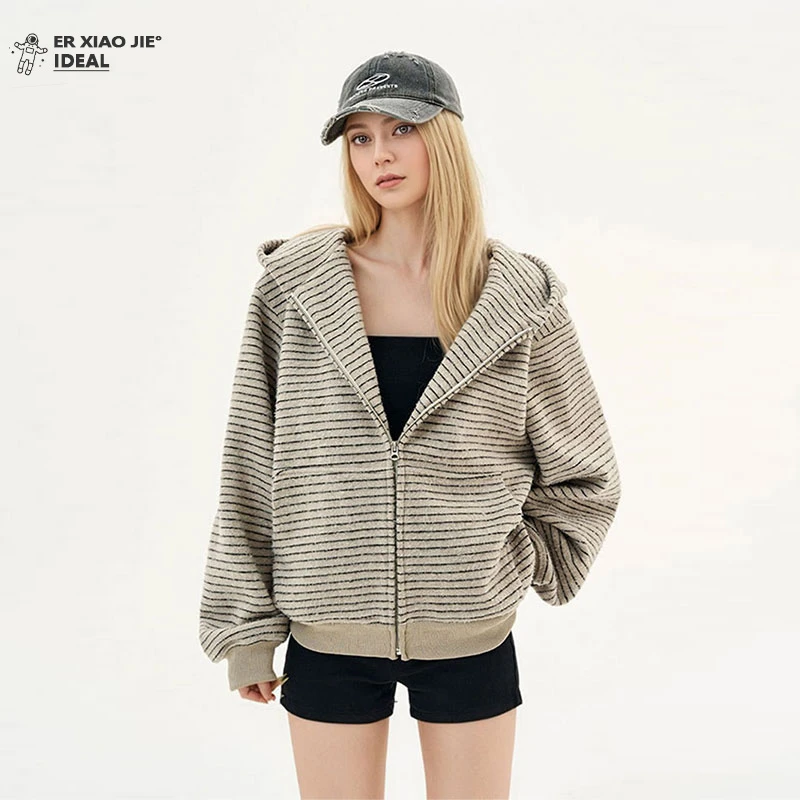 秋冬季韩系慵懒风宽松条纹开衫连帽卫衣女加绒加厚设计感长袖外套