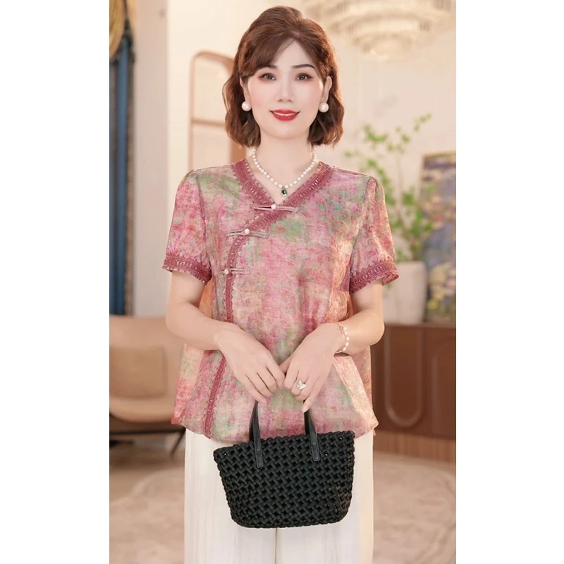 2025新中年妈妈夏季时尚上衣服洋气中老年女装上衣套装气质宽松