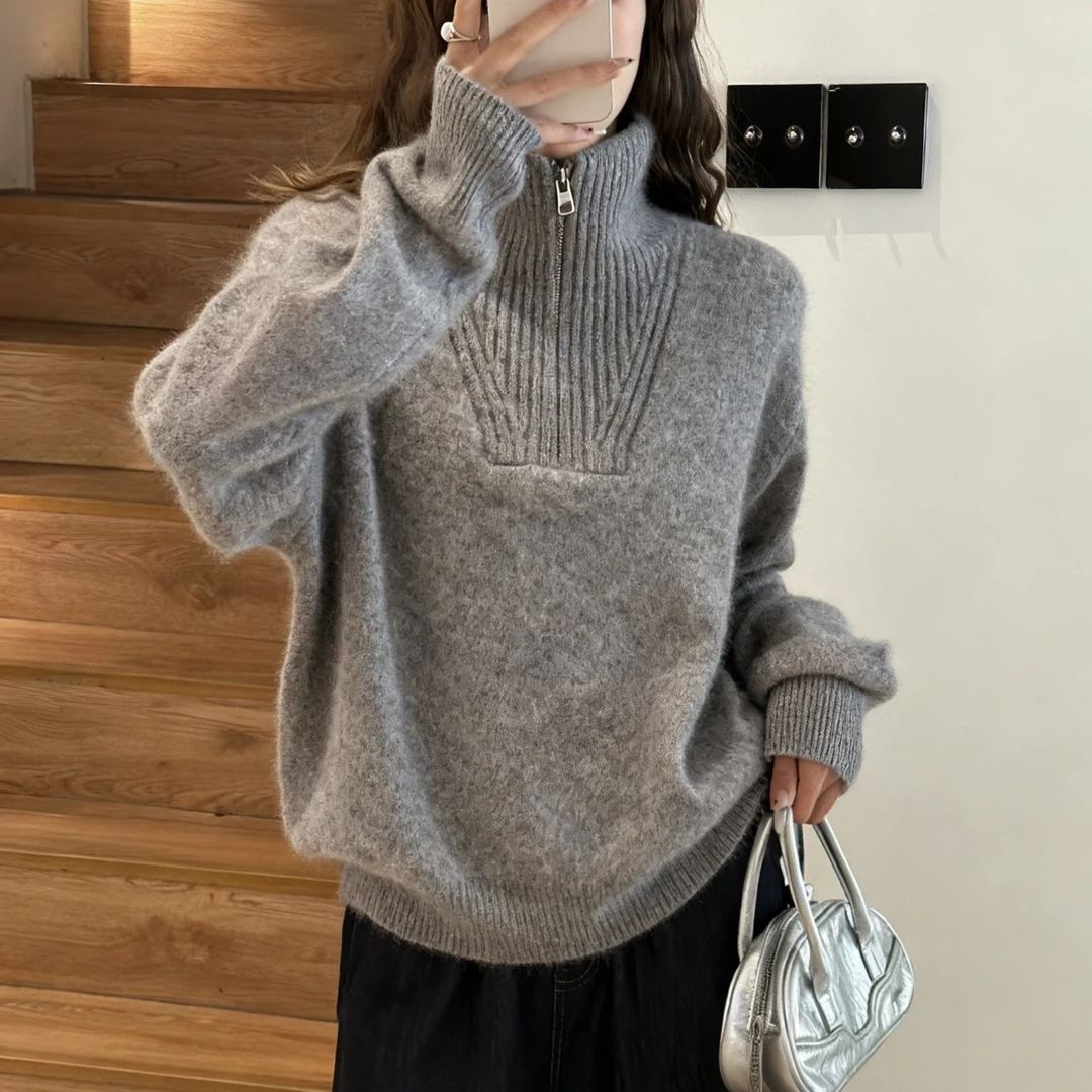新款秋冬女士加厚拉绒半开襟长袖宽松韩版上衣5-8