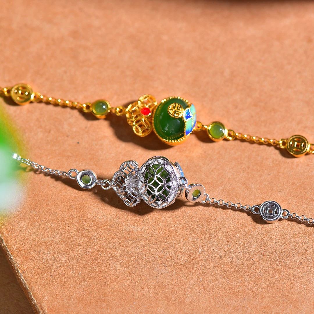 【名称】S925银镶嵌和田玉碧玉蛋面珐琅福禄手链 【规格】8×10 G27