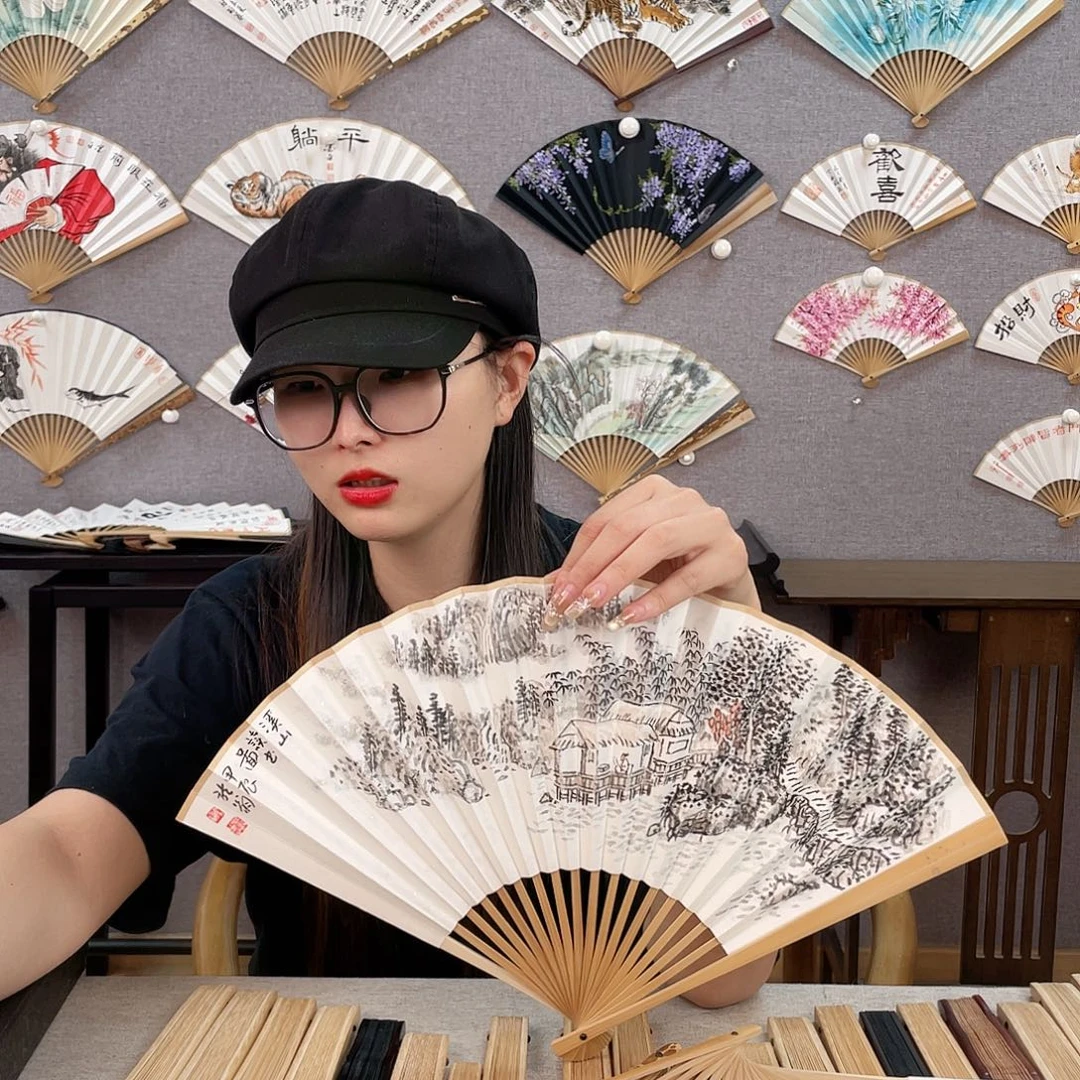 国画8寸玉竹-纯手绘-文玩扇骨（默认粘好）