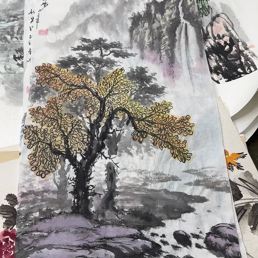 国画四尺四开花鸟童