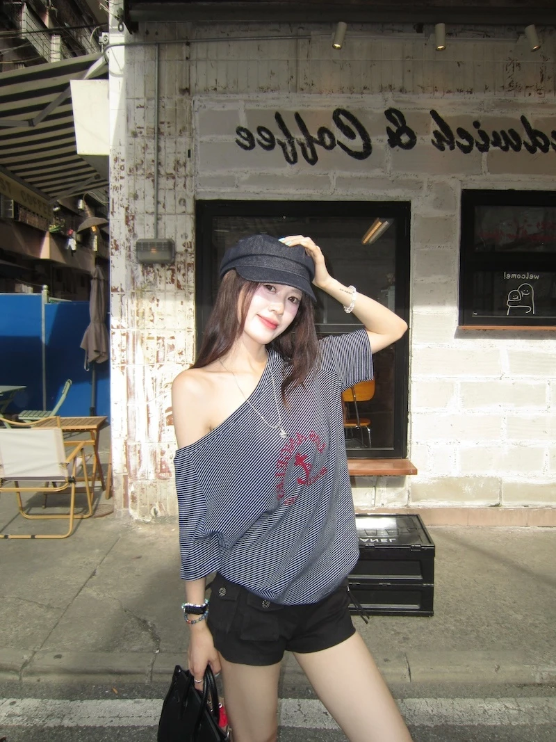 条纹一字肩短袖T恤女夏季2025新款韩版斜肩上衣露肩休闲宽松上衣